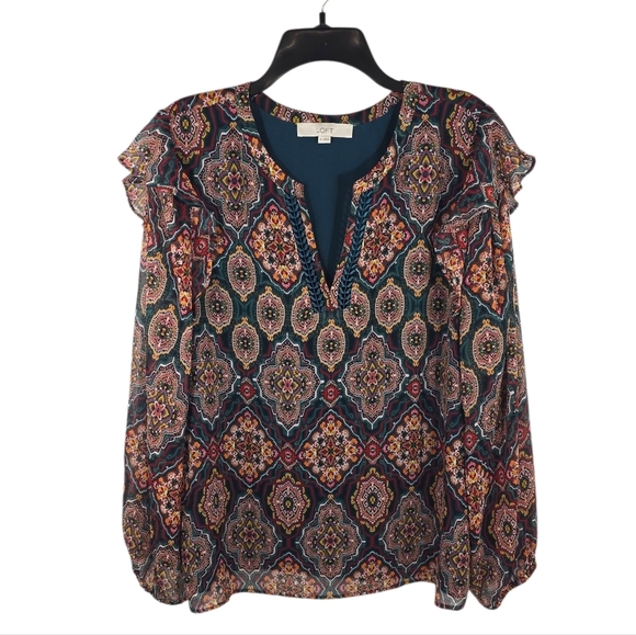 {LOFT} Womens Tapestry Ruffle Split Neck Blouse - Size XL - Picture 3 of 15